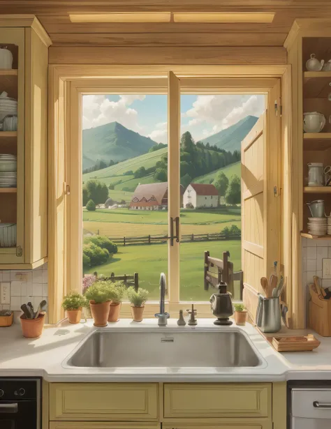 painting of a farm scene with a farm scene and a farm sink, by David B. Mattingly, by Susan Heidi, by David G. Sorensen, by Ronald Davis, rural splendor, by Rob Alexander, by John Blair, window open, inspired by Grant Wood, by Michael James Smith, by Mary ...