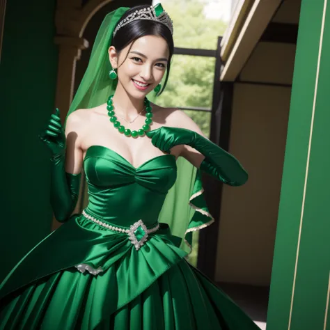 "(Best Quality,Realistic),Japan woman with beautiful smile,emerald tiara,Green Pearl Necklace,Boyish extremely short black hair,lip stick,Green eyes,Long Green Satin Gloves,short short hair, Green eyes, Emerald Earrings