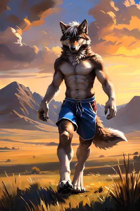 ((Solo)), male people, anthro wolf, (Multi-colored fur, White-brown:1.3), ((Wolf face, White hair, Big eyes, White eyelids, Blue pupil, Slim:1.2) (Tough, Calm expression:1.2)), Abs, Slim, pinging)), (Correct anatomy), (Work shorts:1.1), (Contour bone:1.2),...