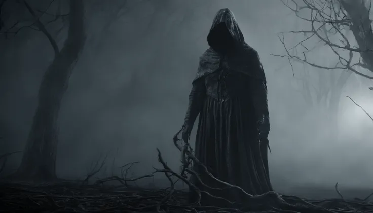 Create a frighteningly detailed and realistic depiction of the hooded figure of Death. The scene is expected to feature a black silhouette with a skull on a face and a skeletal hand holding a menacing sickle. Esta figura sinistra deve ter como pano de fund...