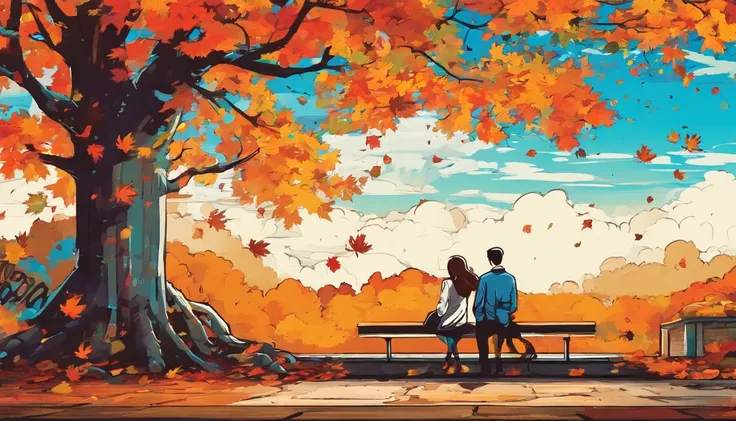 Canada、Colored leaves、Maples、A hill、Maple tree、leaves falling、1man and 1girl, 1adult stylish man and 1high school girl, Resting under a large maple tree、Autumn landscape、Autumn scene、blissful expression、