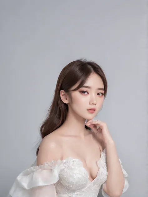 beste-Qualit, master-piece, ultra-high resolution, (photorealistic portrait:1.4), raw picture, 1 Korean Girl,sexy white dress,Show your shoulders., Low key, cold light,A Beautiful Girl ,nice skin ,cosmetic style,show to much skin