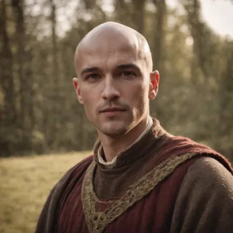 Homem monge Medieval, cabelo raspado, bald, padre