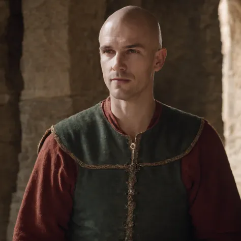 Homem monge Medieval, cabelo raspado, bald, padre