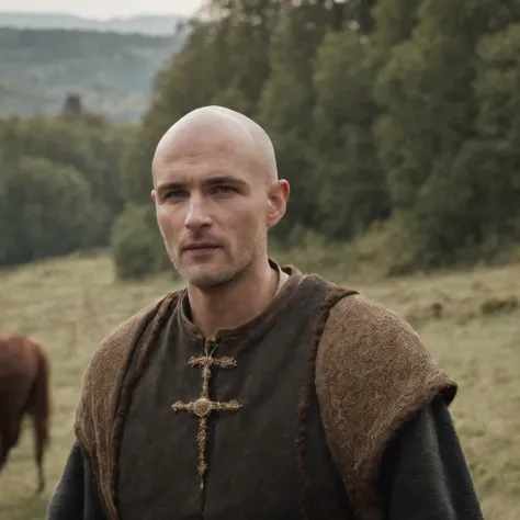 Homem monge Medieval, cabelo raspado, bald, padre