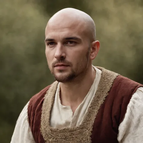 Homem monge Medieval, cabelo raspado, bald, padre