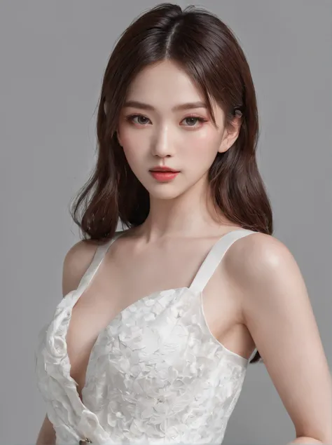 beste-Qualit, master-piece, ultra-high resolution, (photorealistic portrait:1.4), raw picture, 1 Korean Girl,white dress,Show your shoulders., In the dark, Deep Shadows, Low key, cold light,A Beautiful Girl ,nice skin ,cosmetic style,show to much skin