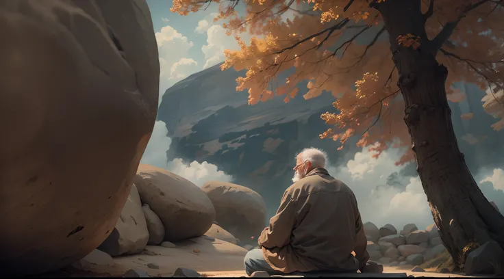 the wise old man in the foreground, sitting peacefully beside the long boulder with his eyes closed in meditation. He should be the central focus,8k