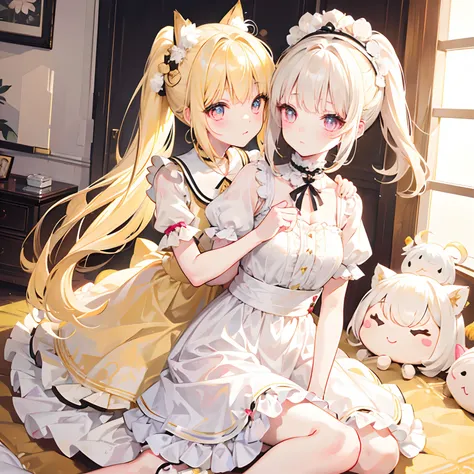 Light yellow hair，Only a ponytail is tied，The face is tender and cute like a doll，Lolita clothes with pale yellow and white，Pale pink pupils，She is a sweet girl with a very soft and cute voice，It is called Yaojin Fawn