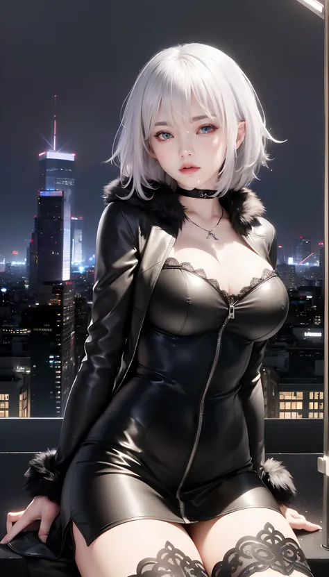 best quality, ultra high res, (photorealistic:1.4), 8k resolution, girl, (silver  hair:1.3) , realistic blue eyes, (realistic hair:1.2), (Korean girl:1.2), (realistic eyes:1.2), (beauty face:1.3), perfect body, white pale skin, small breast, cleavage, , (e...