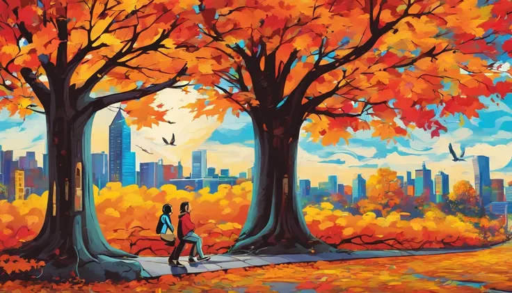 Canada、Colored leaves、Maples、A hill、Maple tree、leaves falling、1man and 1girl, 1adult stylish man and 1high school girl, Resting under a large maple tree、Autumn landscape、Autumn scene、blissful expression、