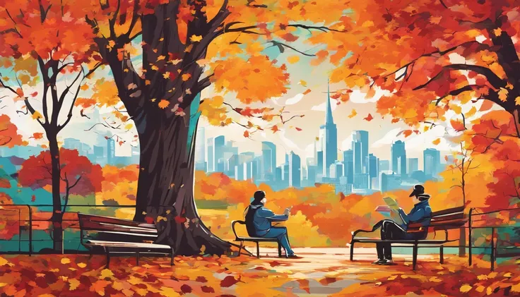 Canada、Colored leaves、Maples、A hill、Maple tree、leaves falling、1man and 1girl, 1adult stylish man and 1high school girl, Resting under a large maple tree、Autumn landscape、Autumn scene、blissful expression、