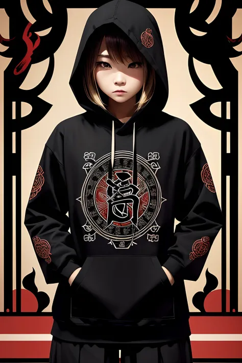 creat steetwear design, evil FEMALE  japanese mitology, kanji, traditional, pattern, letter, magic, full color, sad, frustrated, dark, deep, dark hood, cry,