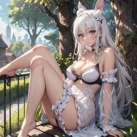 Absurd, masterpiece, high quality, highly detailed, 1girl, lifeland, bunny girl, white hair,  big boobs ,short dress, underwear, bra and panties, sitting beside a tree in a beautiful grassland, shoulders exposed, legs crossed, arms to shoulders, faced towa...