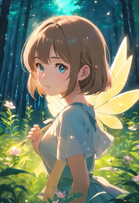 ln the forest，night moon，Mini cute 3 year old flower fairy, Chubby toot，Skirt made of petals，fresh flowers，Colorful colorful，Transparent colorful wings, Magic wand，closeup cleavage，Light attenuation，Glow effects，depth of fields，high light，Real light，Ray tr...