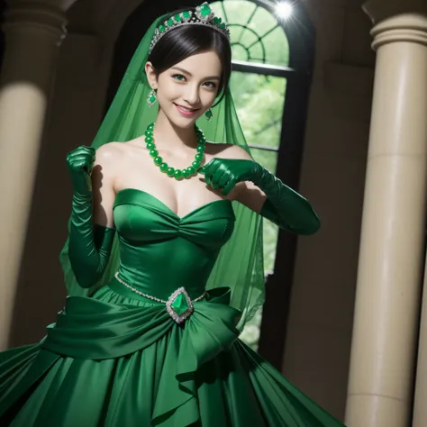 emerald tiara, Green Pearl Necklace, Boyish very short black hair, lipsticks, Japan woman smiling, very short short hair, big breasts beautiful, Green eyes, Long green gloves made of satin material, Green eyes, Emerald Earrings