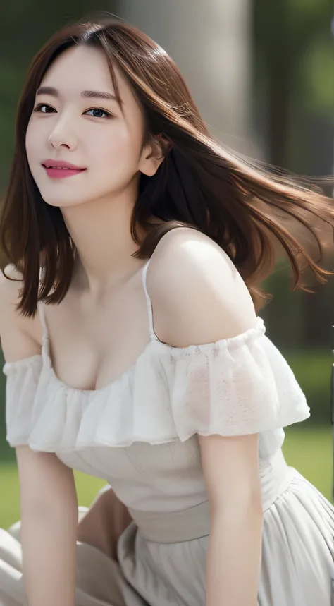 Best quality, illustration, Ultra-detailed, finedetail, A high resolution, 8K wallpaper, Perfect dynamic composition, Middle-aged young woman，ssmile， long whitr hair, Plump breasts, Natural color lips, Random and sexy pose,at park，long  skirt，Take photos a...