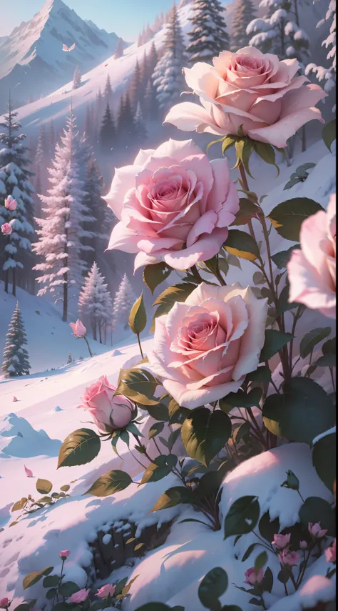 There are pink roses in the snow on the mountain, beautiful digital painting, beatiful background, Beautiful art UHD 4 K, floral environment, background artwork, roses in cinematic light, Rose background, 🌺 CGSesociety, Gorgeous digital painting, soft ligh...