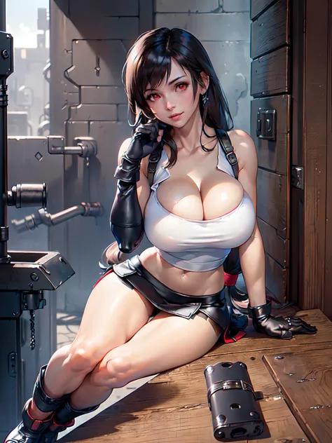 (8k, best quality, masterpiece:1.2), (realistic, photo-realistic:1.37), ultra-detailed, 1 girl,cute, solo, (tifa lockhart), ((huge breasts:1.6),(beautiful detailed eyes), (smile:1.4), winking (closed mouth), erotic pose, outside an industrial factory, dept...