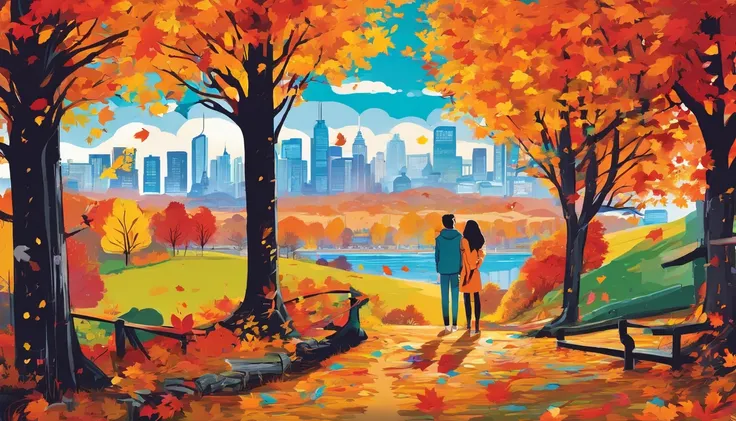 Canada、Colored leaves、Maples、A hill、Maple tree、leaves falling、1man and 1girl, 1adult stylish man and 1high school girl, Resting under a large maple tree、Autumn landscape、Autumn scene、blissful expression、