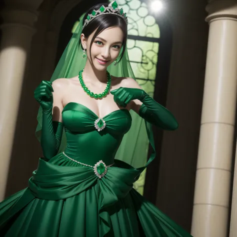 emerald tiara, Green Pearl Necklace, Boyish very short black hair, lipsticks, Japan woman smiling, very short short hair, big breasts beautiful, Green eyes, Long green gloves made of satin material, Green eyes, Emerald Earrings