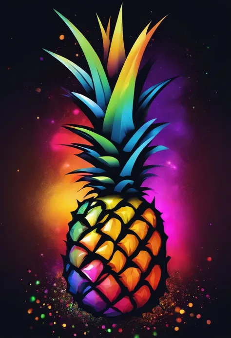 rainbow pineapple in space with glitter,splashed ink,cartoon,vector