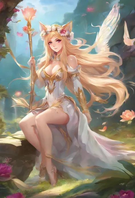 Ahri from league of legends, corpo inteiro, floresta branda, 8k, alta qualidade, detalhes, Rosto perfeito detalhado, olhos bonitos detalhados, Perfect hand detailed, dedos detalhados 8k bonitos femininos pequenos delicados, feminina bonita, ((vestindo roup...