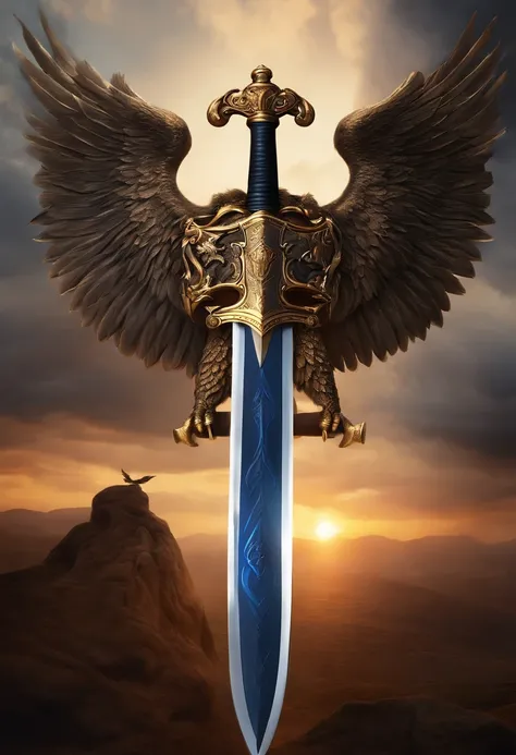 The sword glows blue, there is a shield behind the sword, engraved with 2 eagles and lions on the shield, long sword, metal sword handle, luxurious