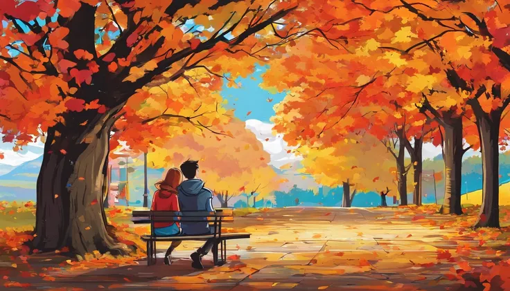 Canada、Colored leaves、Maples、A hill、Maple tree、leaves falling、1man and 1girl, 1adult stylish man and 1high school girl, Resting under a large maple tree、Autumn landscape、Autumn scene、blissful expression、sitting under the maple tree, sleeping, resting,