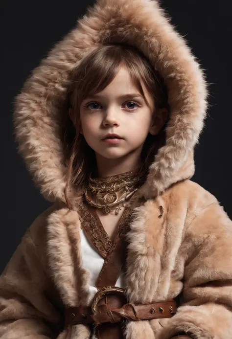 ((little barbarian child)), child, waist like an hourglass, the world of dark fantasy, (tanned light fur coat), navel, incision on the chest