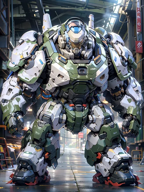 ((masterpiece)), ((best quality)), 8k, high detailed, ultra-detailed, mechanical buzz lightyear head, wearing astronaut mech clothing, astronaut helmet, bulky armor, massive weapon, samurai element, green and white color, big mecha robot