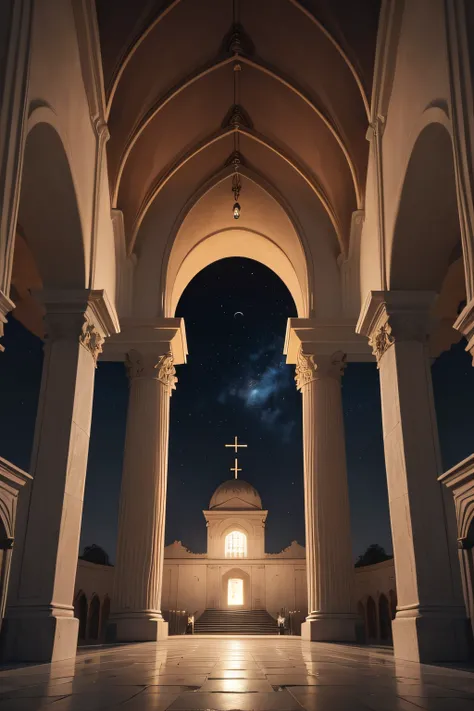 Igreja de Laodiceia retratada em Apocalipse, depois de cristo, medieval, in the nighttime, vista para o exterior, fachada, starly sky, altamente detalhado, liso, foco nítido, 8k, high-definition resolution, Perfect centralization, vista frontal, portas abe...