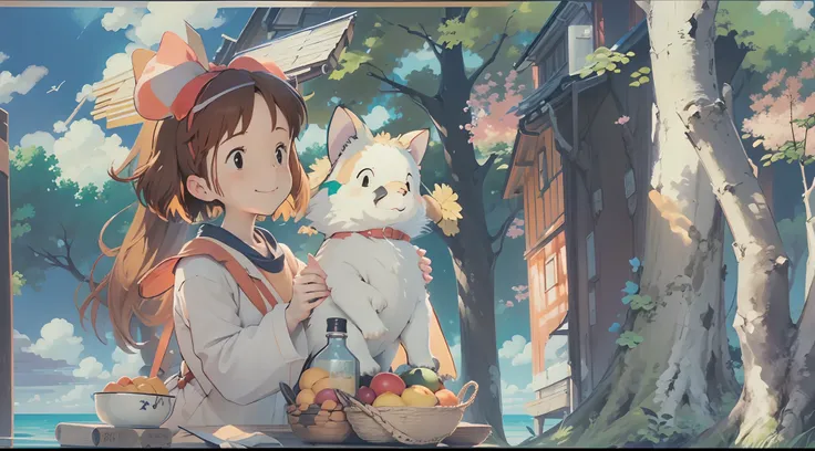 （Studio Ghibli style 1.3）（Ghiblido color tone 1.3）A 13-year-old girl，By the lake in the forest，Little squirrels are by your side，flower  sea，having picnic，There are a lot of fruits，Extreme light and shadow，Aurora chase，Extreme ambient light，The ultimate la...