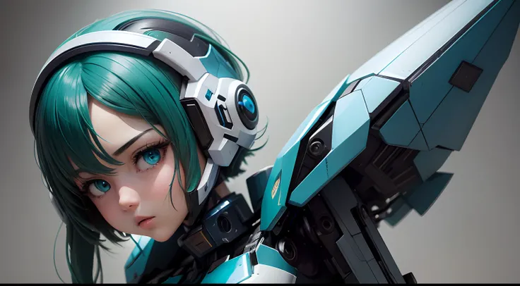 a statue of a mecha girls head, blue and green colors, black background, white highlights