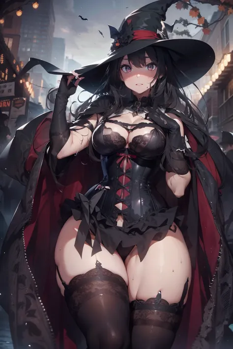 1 beautiful women, halloween festival, halloween theme, perfect face, beautiful face, detailed face, sharp eyes, ponytail black hairstyle, big witch hat, (( Black victorian corset Lingerie ))and (dark black cape),((high stockings and heels)), sexy pose, Se...