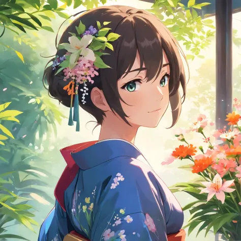 Arafed Frau in einem Kimono mit Blumen auf dem Kopf, beautiful digital artwork, beautiful digital illustration, lindo pintura digital, lindo pintura digital, Kunstwerk im Stil von Guweiz, photorealistic anime girl render, Glatte Anime-CG-Kunst, beautiful d...