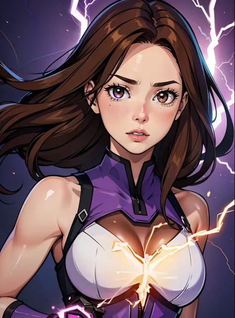 a 19 year old girl with light brown hair and brown eyes and purple electricity powers detailed 8k