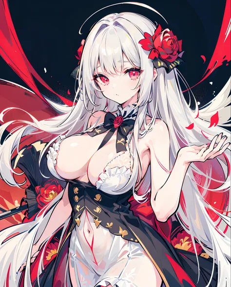 One girl, Solo, ((Colossal tits: 1.4)), (Naked: 1.4), ((Hi-Res)), ((masuter piece)), ((Best Quality)), (Very detailed)), Large file size, fulcolor, long white hair, Red Eyes, (eye line), see-through frill, butterfly print, Rose flower