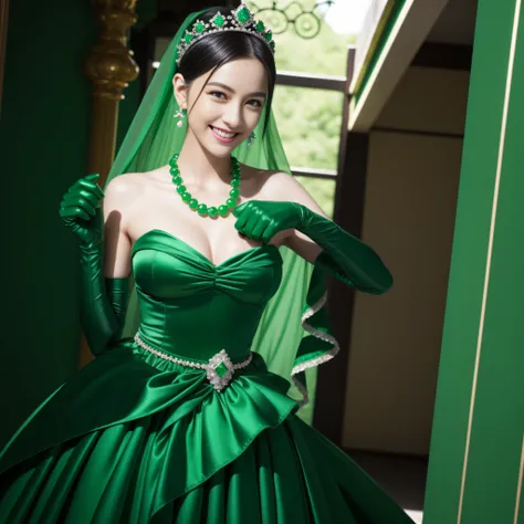 emerald tiara, Green Pearl Necklace, Boyish very short black hair, lipsticks, Japan woman smiling, very short short hair, big breasts beautiful, Green eyes, Long green gloves made of satin material, Green eyes, Emerald Earrings