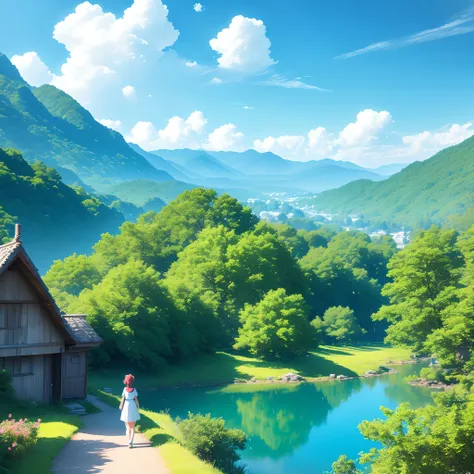 （Studio Ghibli style 1.3）（Ghiblido color tone 1.3）A 13-year-old girl，By the lake in the forest，Little squirrels are by your side，flower  sea，having picnic，There are a lot of fruits，Extreme light and shadow，Aurora chase，Extreme ambient light，The ultimate la...