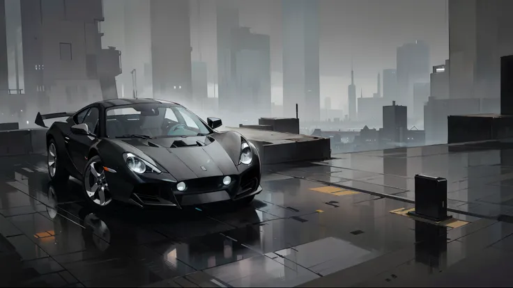 black and white atmosphere,luxury supercar in the city,high-end car design,detailed and sleek lines,shiny glossy surface,reflections on the car body,urban landscape with skyscrapers and city lights,streetlights illuminating the car,impressive and futuristi...