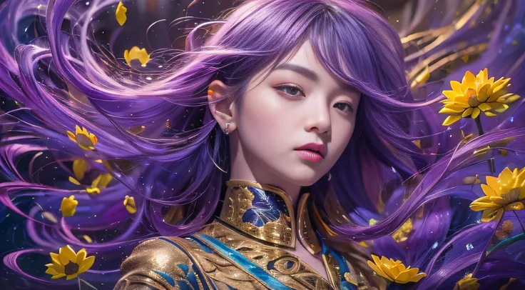 32K（tmasterpiece，k hd，hyper HD，32K）Long flowing bright purple hair，Autumn Pond，zydink， a color，  Asian people （Silly girl）， （Silk scarf）， Combat posture， looking at the ground， long whitr hair， Floating bright purple， Fire cloud pattern gold tiara， Chinese...