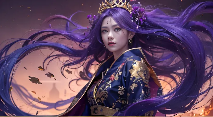 32K（tmasterpiece，k hd，hyper HD，32K）Long flowing bright purple hair，Autumn Pond，zydink， a color， Asian people （Silly girl）， （Silk scarf）， Combat posture， looking at the ground， long whitr hair， Floating bright purple， Fire cloud pattern gold tiara， Chinese ...