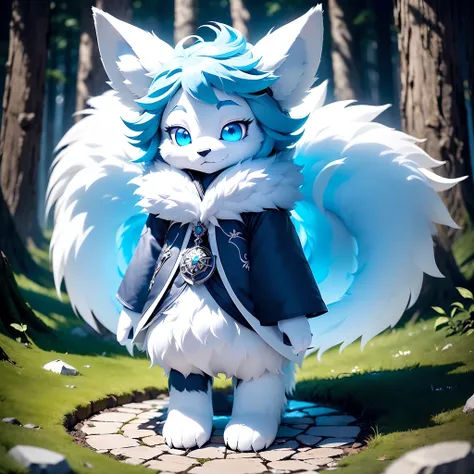 Anthropomorphic standing furry little wolf，adolable, Light：Extreme light and shadow,(anthr(Full Body Furry,Head bust close-up， Pale blue hair,Large pale blue ears，Big blue eyes，White fur，Reddish skin ，Sky blue eyes, Pale blue hair:1.2), (long canines、Thick...