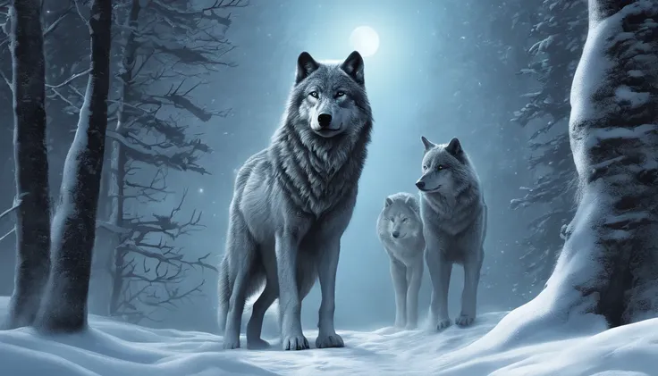 (best quality,4k,highres,masterpiece:1.2),ultra-detailed,(realistic:1.37),a wolf legend,a child raised by wolves,a baby in the mouth of a mother wolf,(detailed,large) cave,moonlit night,dense forest,ominous atmosphere,natural habitat,wolf pack,protective m...