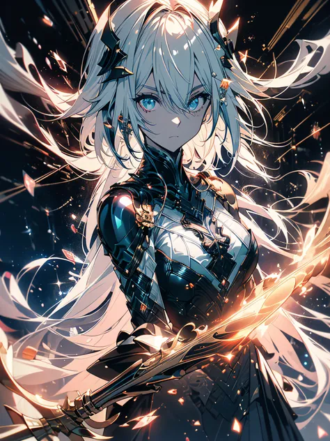 Jeanne of vanitas no carte, full body, holding her gun, imposing, serious face, ancient French setting, night, (ultra-realistic), {extremely detailed CG unit 8k wallpaper}, Expansive landscape photography, (a view of bass that shows the characters grandeur...