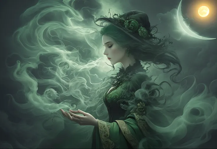 the horror of the sun and moon, Instagram, Pinterest, art station, ai art, digital paint, smoke, mist, vapor, wind, swirls, dark green, chaos, intricate details, intricate design, beautiful pose, a beautiful witch woman, blah pumpkin shaped background