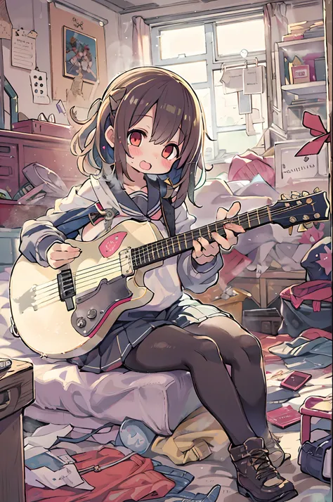 Bocchi, 1girl in, Solo, in the messy room, Guitar,