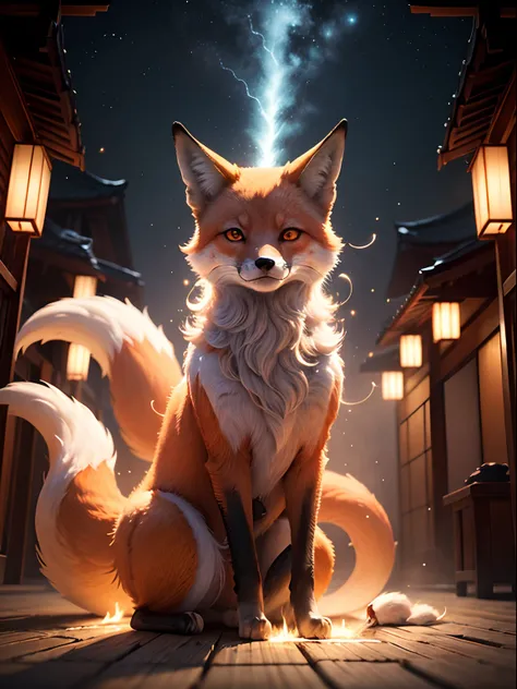 "Enchanting night scene with a Japanese featuring a captivating glowing 9-tailed mythological fox surrounded by mesmerizing particles of light, sparks and an impressive light effect. Nenhum ser humano presente."