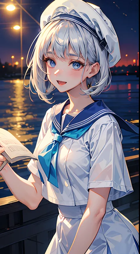 (masterpiece), best quality, expressive eyes, perfect face, a marine girl, navy costume, sailor clothes, sailor collar, white shirt, (blue cap), (white hair), short hair, ((blue eyes, glowing eyes, night)), cropped shirt, defined abdomen, sensual, summer n...